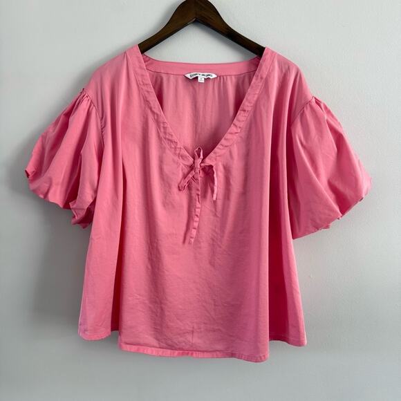 Elizabeth & James | Women’s Pink Tie Neck V-Neck Puff Sleeve Blouse Top Spring M - Picture 2 of 9